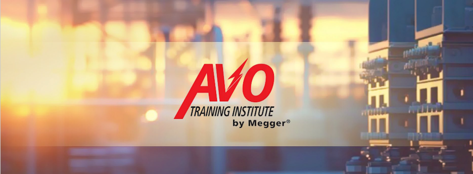 AVO Training Institute by Megger® logo centered on a blurred industrial background at sunset, with electrical equipment visible on the right.e