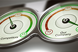 Two gauges - one labeled competitor with indictor showing sub-par performance. The other is labeled "our company" and indicates excellence.