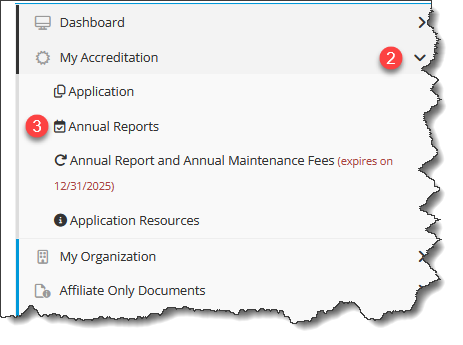 A cropped screenshot of the navigation menu of the IACET portal. eft navigation menu showing how to access the Annual Report. The user expands “My Accreditation” and selects “Annual Reports”. Red callouts (2 and 3) highlight these menu steps.